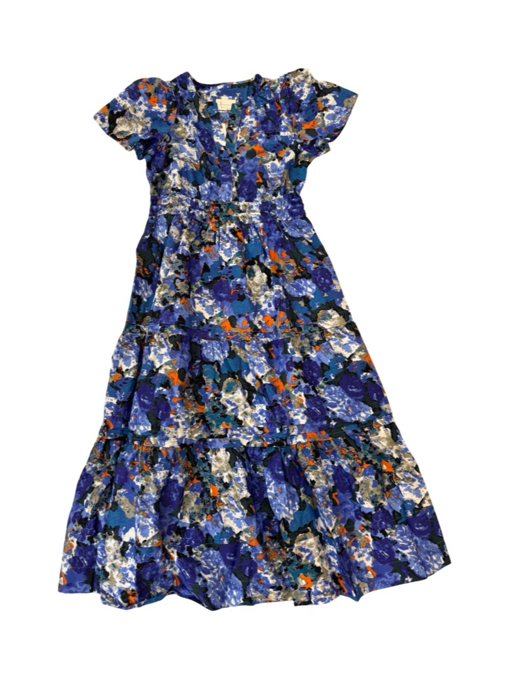 Anthropologie Blue Floral Maxi Dress with Orange & Cream Accents - Picture 2 of 11